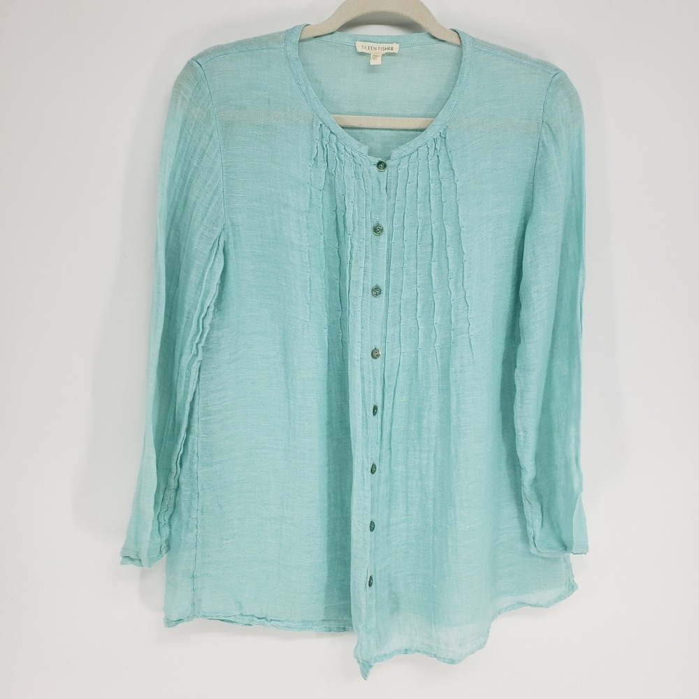 Eileen Fisher Pintuck Pleat Linen Button Up Blouse Women XS Aqua Blue Gauze Top